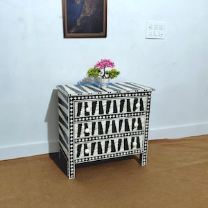 Handmade Bone Inlay Chest of Drawers: Geometric 3-Drawer Dresser