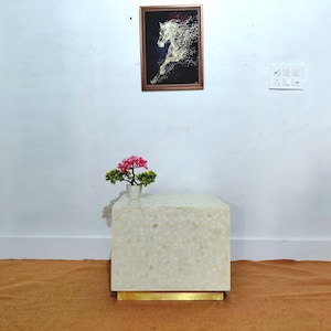Handmade Bone Inlay Hexagon Pattern Side Table with Brass Base – Ivory Finish Decorative Accent Table for Living Room or Bedroom