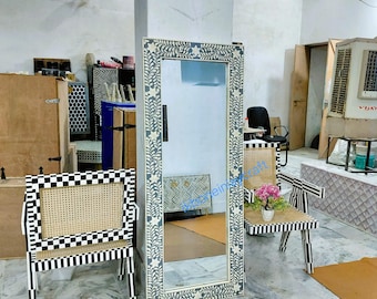 骨象嵌ブルーフローラル3引き出し付きベッドサイドテーブルナイト