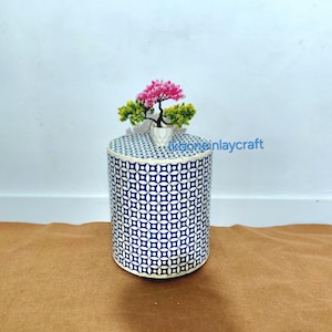 Handmade Blue Bone Inlay Cylinder Side Table – Geometric Design Accent Table for Living Room or Bedroom