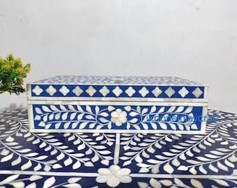 Handmade Blue Bone Inlay Jewelry Box Floral Keepsake Storage Decorative Gift Box