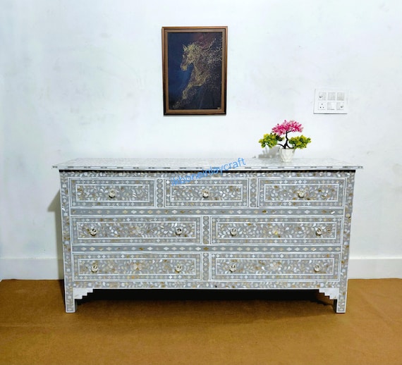 pearl grey dresser Mother of Pearl Inlay 7 Drawer Dresser