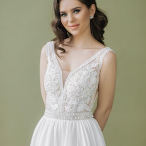 Boho Wedding Dress with Lace Bodice,  A-Line Bridal Gown, V-Neck Sleeveless Open Back Wedding Gown, Beach, Garden, Rustic Bride Dress