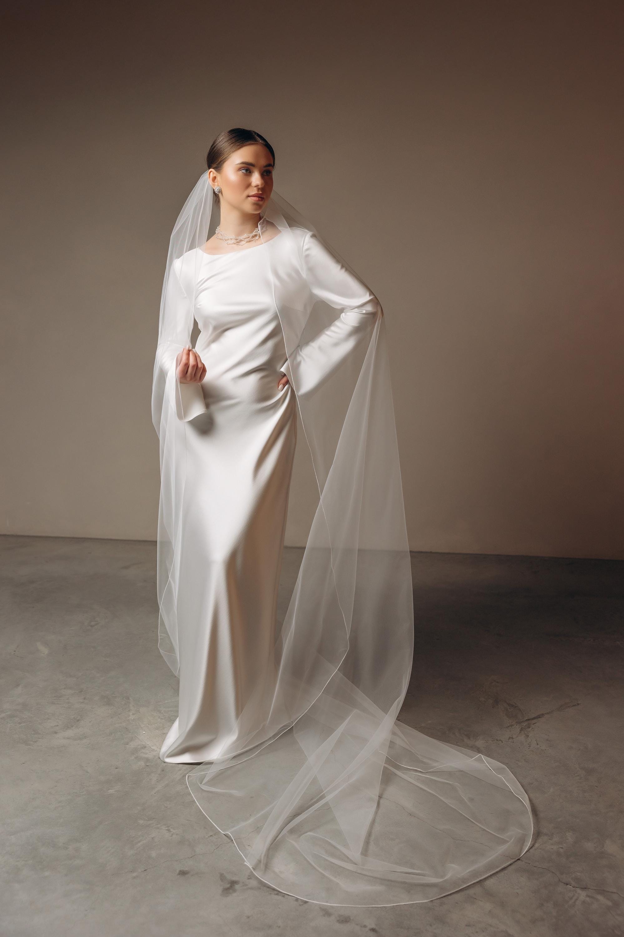 Long One Tier Bridal Veil, Ivory or White Modern Veil 
