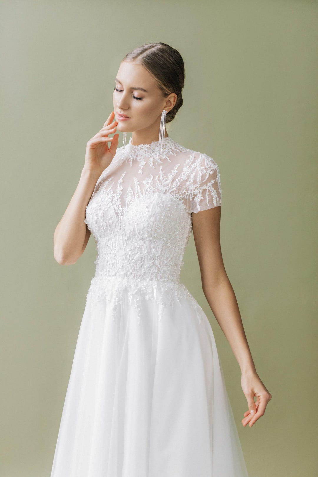 White A Line Maxi Engagement Dress with Short Sleeves