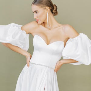 Elegant Modest Wedding Dress, Puffy Sleeves, Satin Bridal Gown, Sweetheart Neckline, Open Back, Slit Skirt, Custom Size, White Dress