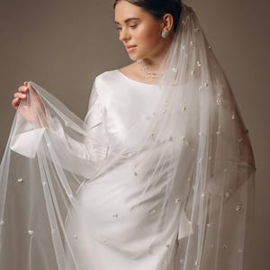 Pearl Bridal Veil, Long Cathedral Tulle Veil for Bride, Handmade Ivory or White Wedding Veil with Pearls