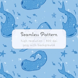 Könnte beinhalten: Nahtloses Muster mit blauen Walhaien, Seesternen und Fischen auf hellblauem Hintergrund. Das Design enthält den Text "Seamless Pattern" und Details zur Bildauflösung und zum Dateityp.