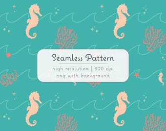 Seahorse Seamless Pattern | Underwater Ocean Digital Paper | High Resolution 300 DPI PNG | Coral Sea Background | Instant Download