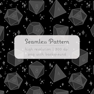 May include: Seamless pattern featuring various gray dice with white numbering, including 4, 6, 8, 10, 12, and 20-sided dice, set against a black background with white star illustrations. The text "Seamless Pattern" is also present.
