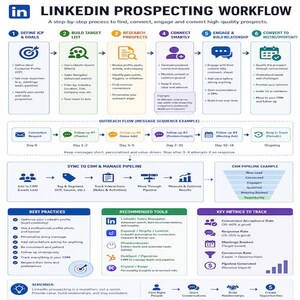 Puede incluir: Una infografía titulada LinkedIn Prospecting Workflow que detalla un proceso de seis pasos para encontrar, conectar, involucrar y convertir prospectos. Incluye secciones sobre flujo de prospección, gestión de CRM, mejores prácticas, herramientas y métricas.