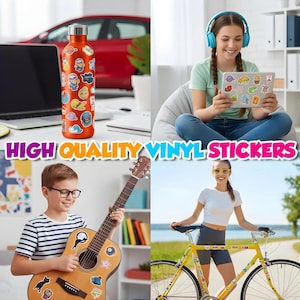 May include: A collection of colorful vinyl stickers applied to an orange water bottle, a tablet, an acoustic guitar, and a yellow bicycle frame. The stickers feature various cartoon illustrations, shapes, and designs. The text reads HIGH QUALITY VINYL STICKERS.