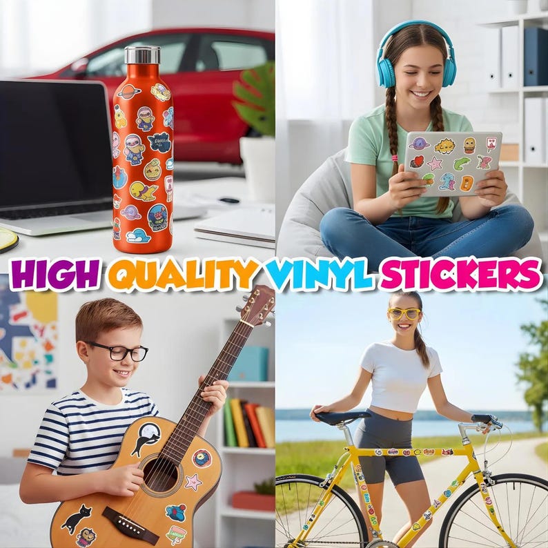 May include: A collection of colorful vinyl stickers applied to an orange water bottle, a tablet, an acoustic guitar, and a yellow bicycle frame. The stickers feature various cartoon illustrations, shapes, and designs. The text reads HIGH QUALITY VINYL STICKERS.