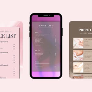 Op de afbeelding: Een digitale prijslijst voor een schoonheidssalon, met categorieën voor haar, gezichtsbehandelingen en nagels. De tekst "PRICE LIST" is zichtbaar op het scherm. De afbeelding bevat ook het websiteadres https://designlytempboutique.etsy.com.
