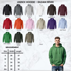 May include: A variety of unisex hoodies in various colors, including black, gray, red, orange, and green. The image also includes a size chart with measurements in inches for width and length.