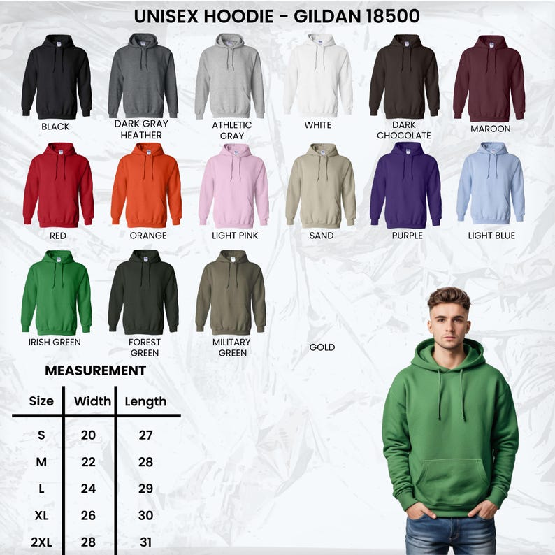 May include: A variety of unisex hoodies in various colors, including black, gray, red, orange, and green. The image also includes a size chart with measurements in inches for width and length.