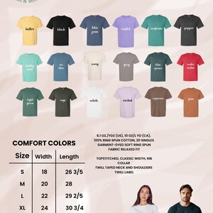 May include: A variety of Comfort Colors t-shirts in various colors, including black, blue jean, and violet. The image also displays a size chart with measurements in inches and a description of the fabric and construction.