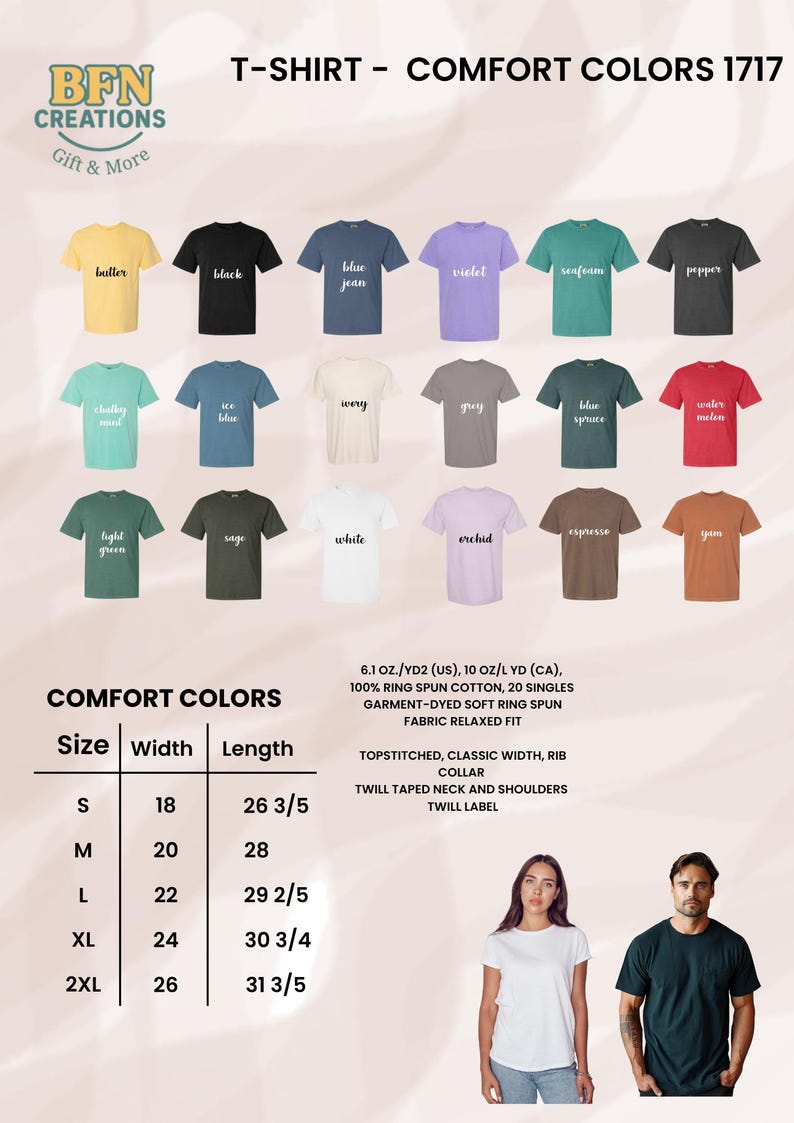 May include: A variety of Comfort Colors t-shirts in various colors, including black, blue jean, and violet. The image also displays a size chart with measurements in inches and a description of the fabric and construction.