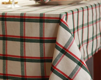 Handgewebte karierte Tischdecke aus Baumwolle - Bauernhaus Creme, Rot & Grün