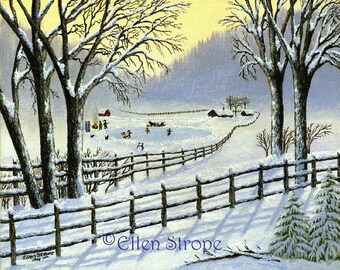 The Skating Pond 8 X 10 Giclee Print- Winter Snow- Skating