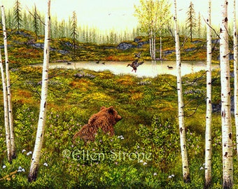 NOTE CARD, Bear, Ducks, Aspen Trees, Blank note card, cabin decor, cards, rustic decor, lodge decor, bear decor