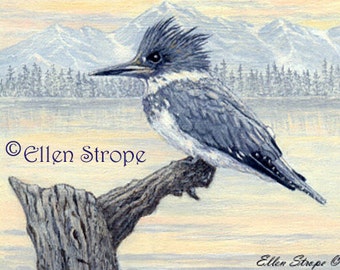 ACEO Card, Giclee print, Kingfisher, bird art, bird ACEO, ACEO cards, bird decor, Ellen Strope, prints, art