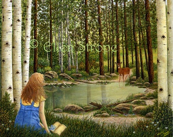 ACEO Card, Giclee print, art, ACEO,  Ellen Strope, girl, aspen trees, water, pond, deer, forest