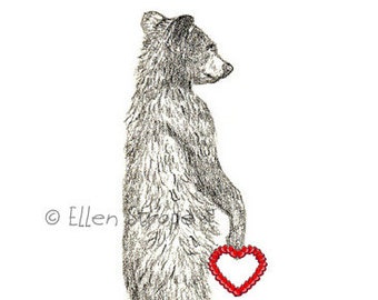 VALENTINE, Cards, Note cards, Valentine's Day card, bear, bear decor, cabin decor, drawings, bear drawings, Ellen Strope