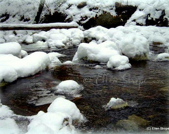 NEW...PHOTO Card, Snowy Creek, Snow, Creek, Winter, Water, Digital Photo Card, Blank Cards, Ellen Strope, Cabin Decor