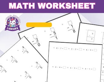 May include: A stack of white math worksheets with subtraction problems. The worksheets have the text "SUBTRACTION PRACTICE MATH WORKSHEET" at the top. The worksheets are from "Little Dreams Library".