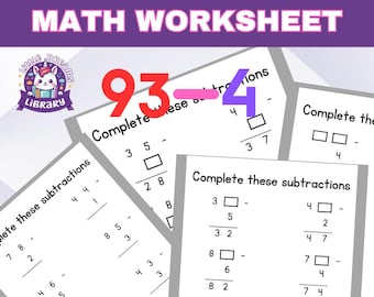 May include: A math worksheet titled "TWO-DIGIT SUBTRACTION PRACTICE MATH WORKSHEET" with subtraction problems. The worksheet includes the text "Complete these subtractions" and a logo of a unicorn. The numbers 93 - 4 are displayed in red and purple.