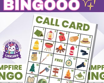 以下が含まれることがあります： 紫と白のヘッダーが付いたCampfire Bingoゲームカード。カードには、テント、ランタン、キャンプファイヤーなど、番号付きの正方形にキャンプをテーマにしたイラストが描かれています。 Little Dreams Libraryのロゴが隅にあります。