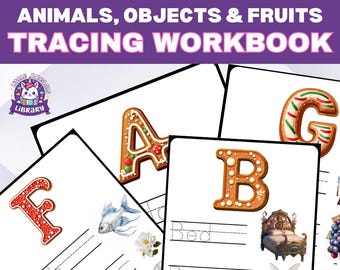 May include: A tracing workbook with the text "ABC ALPHABET WORDS ANIMALS, OBJECTS & FRUITS TRACING WORKBOOK". The pages feature letters decorated as gingerbread cookies, with illustrations of a fish, flower, bed, and bee.