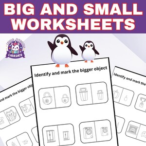 以下が含まれることがあります： 紫色の背景に「BIG AND SMALL WORKSHEETS」というタイトルの教育用ワークシート。ワークシートには、ペンギンのイラストとサイズの比較対象となるオブジェクトが描かれています。「Identify and mark the bigger object」というテキストがページに表示されています。