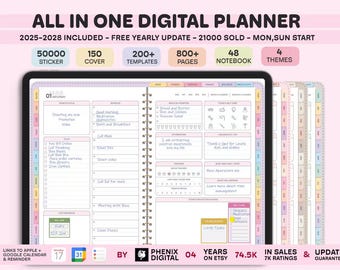 May include: Digital planner with a pink theme, featuring a detailed layout for daily, weekly, and monthly planning. Includes 50,000 stickers, 150 covers, 200+ templates, 800+ pages, 48 notebooks, and 4 themes. The planner is designed for the years 2025-2028.