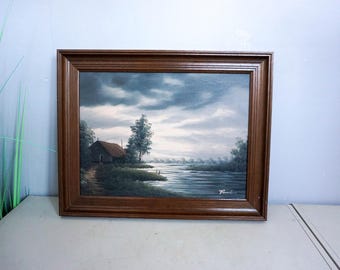Vintage River Cottage Oil Painting – Serene Landscape with Boat and Countryside Huts – Signed by Artist