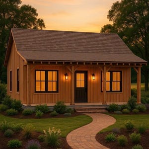 May include: A small wooden house with a brown shingled roof and black-framed windows. The house has a porch with two sconce lights. A brick pathway curves through the green lawn towards the front door. The text at the bottom says "Image is created by AI."