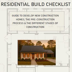 May include: A residential build checklist with text: "GUIDE TO DEVELOP NEW CONSTRUCTION HOMES, THE PRE-CONSTRUCTION PROCESS & THE DIFFERENT STAGES OF CONSTRUCTION." The image shows a house with a black roof, white siding, and a concrete walkway.