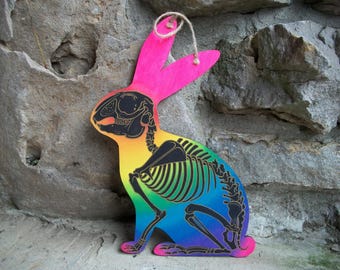 Rainbow Rabbit Skeleton Double-Sided Original Painting on Wood Cutout