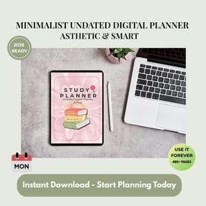 May include: A digital planner on a tablet with the text "STUDY PLANNER" and a stack of books. A laptop, stylus, and small plant are also visible. The image includes the text "MINIMALIST UNDATED DIGITAL PLANNER ASTHETIC & SMART".