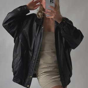 Women Classic black Leather Bomber jacket, Oversized Straight Cut Sheep Leather Jacket. Ladies Leather jacket, Ladies Soft leather jacket