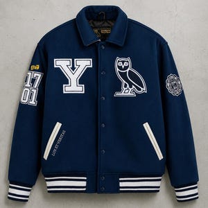 Navy Varsity Jacket Yale Letterman Owl Patch Bomber | Wool Blend College Varsity Jacket | Streetwear Unisex Baseball Jacket Gift"