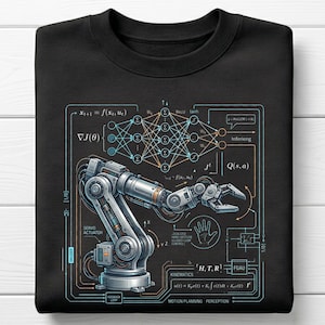 Könnte beinhalten: Schwarzes Sweatshirt mit einer detaillierten Grafik eines Roboterarms, Schaltplänen und mathematischen Gleichungen. Das Design enthält Text wie "Servo Actuator", "Kinematics" und "Motion Planning Perception". Die Grafik ist in Blau-, Orange- und Weißtönen gehalten.