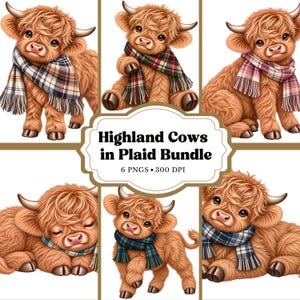 Può includere: Una collezione digitale di sei illustrazioni raffiguranti mucche Highland marroni e pelose con sciarpe a quadri. Il testo centrale recita Highland Cows in Plaid Bundle 6 PNGS 300 DPI. Ogni mucca ha pelo lungo, corna ricurve e zoccoli scuri.