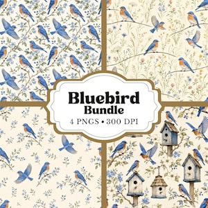 Op de afbeelding: Een digitale grafische set getiteld Bluebird Bundle 4 PNGS 300 DPI met vier verschillende patronen. De ontwerpen tonen blauwe vogels in diverse houdingen, zittend op takken of vliegend, samen met bloemelementen en houten vogelhuisjes.