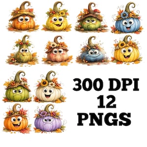 May include: A collection of 12 cartoon pumpkins with various expressions and floral accents. The pumpkins are in shades of orange, yellow, green, blue, and purple. The image includes the text "300 DPI 12 PNGS".