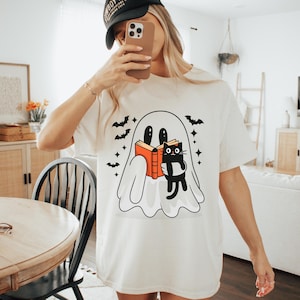 Comfort Colors,Cute Ghost Black Cats Halloween Shirt,Ghost Cat Halloween Tee Cat Lover Gift Spooky Season Shirt Halloween Gift Cats Owner