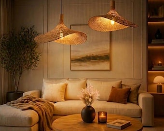 Handmade Rattan Pendant Light  Japandi Ceiling Lamp,  Eco-Friendly Wabi Sabi Lighting  Natural Boho Home Decor