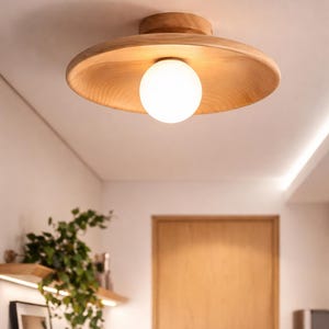 Op de afbeelding: Een houten plafondlamp met een ronde, lichtgekleurde houten kap. De armatuur heeft een witte globe lamp in het midden. Het licht is gemonteerd op een wit plafond. De kamer heeft een houten deur en een plank met planten.