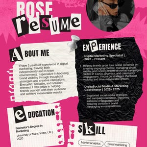 May include: A pink and black resume template with the name "SOFIA ROSE" in large, bold letters. The resume includes sections for "About Me," "Experience," "Education," and "Skills," with contact information at the top. A photo of a person is in a circle.